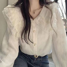 女士衬衫秋季设计感小众蕾丝娃娃领长袖时尚洋气时髦别致漂亮上衣