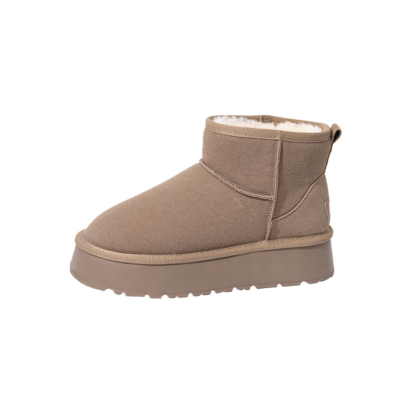 Huili nuevo tubo corto y botas de nieve de vello, botas casuales de color sólido, zapatos de algodón calientes de mujer gruesos en invierno