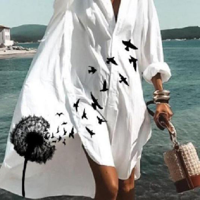 Vestido bohemio estampado para mujer, manga larga, corte holgado