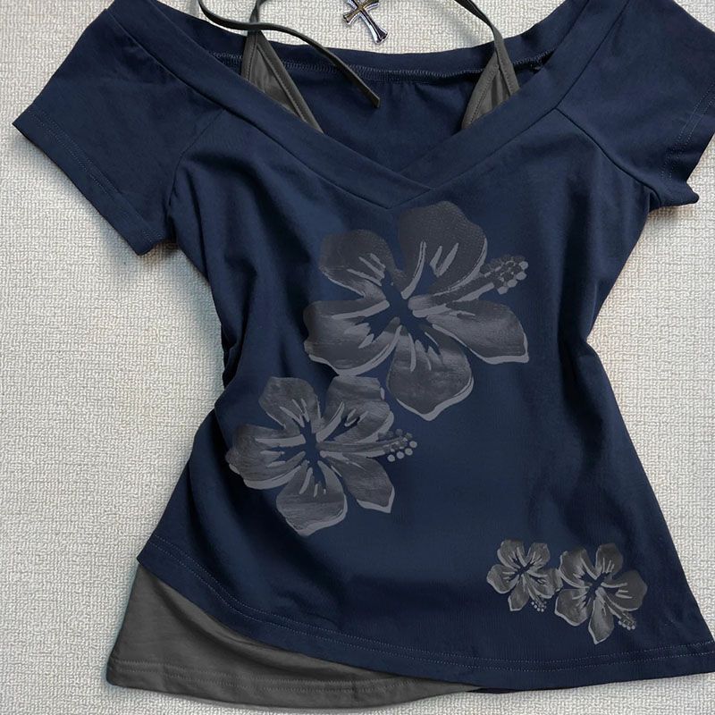 American Retro Vintage Fake Two Short-Sleeve T-Shirt 2024 Summer Design Short Top Foreign Trade Slim Vintage Clothing American Retro Vintage Fake Two Short-Sleeve T-Shirt 2024 Summer Design Short Top Foreign Trade Slim Vintage Clothing
