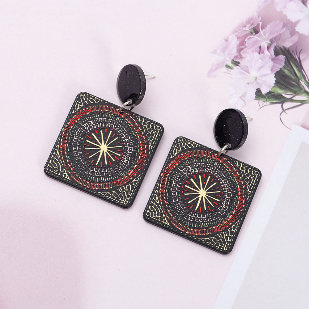 1 Pair Retro Square Arylic Printing Womenu0027S Drop Earrings