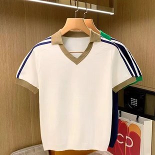 American New Style V Neck Contrasting Color Webbing Sports T-Shirt Men's Short-Sleeved Off-Shoulder Loose Trendy Brand Sweatshirt for Men