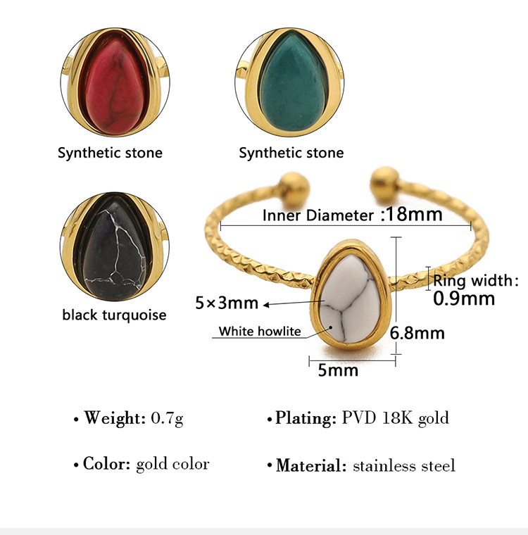 Water Drop Natural Stone Ring Elegant Titanium Steel Open Band_voghion.com
