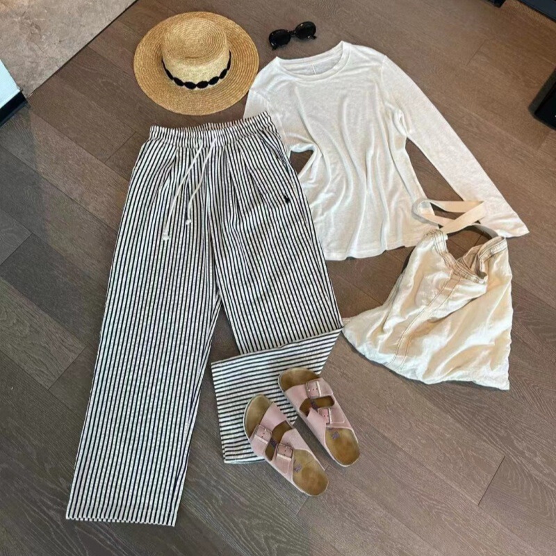 Ruff Pony Same Style Flat for Women's Pants 24 Summer New Striped Embroidered Loose Waist Drawstring Casual Straight Pants