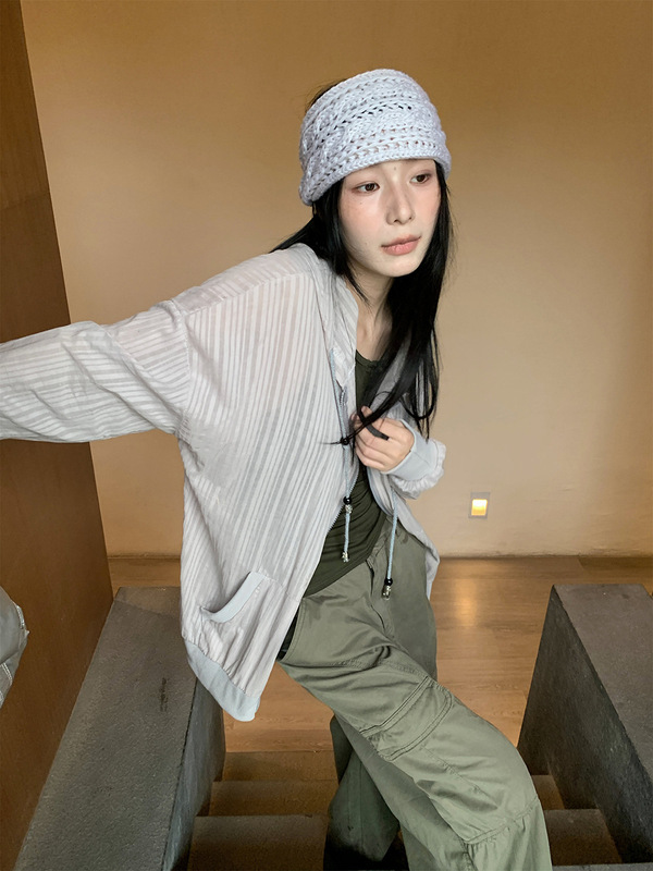 [9hour]慵懒风条纹连帽衬衫女 2025秋季外搭拉链长袖上衣女m3731|undefined