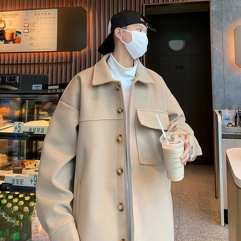 Woolen men's Spring and Autumn Mid-length trench coat loose casual retro high-grade boys' lapel jacket winter