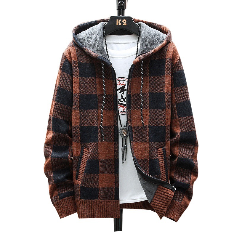 Los fabricantes suministran Otoño e Invierno suéter de los hombres con capucha suéter a cuadros más tamaño casual forrado de lana gruesa caliente superior