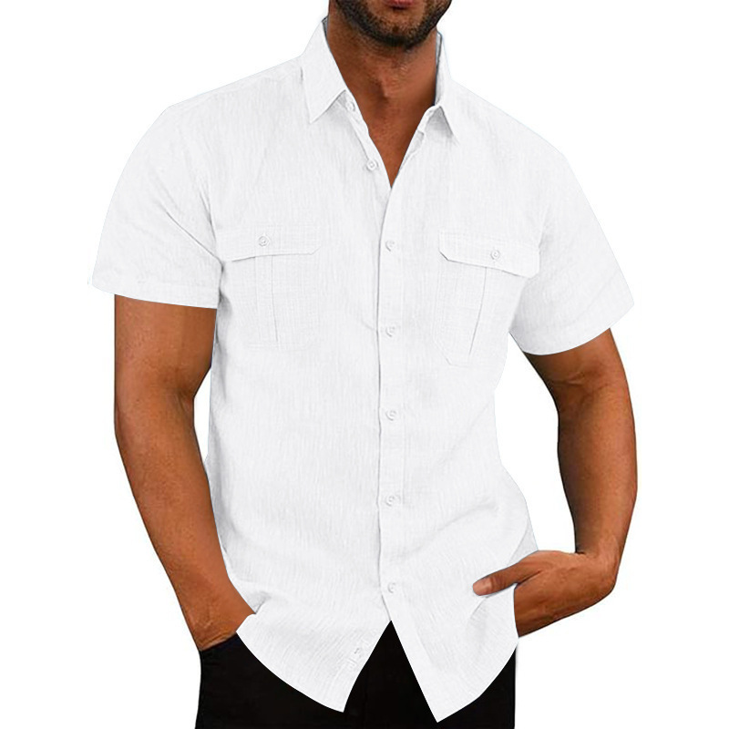 Transfronterizo Europa y América Amazon 26 camisa de verano de hombre de manga corta bolsas de color sólido Cardigan camisa de lino con solapa suelta
