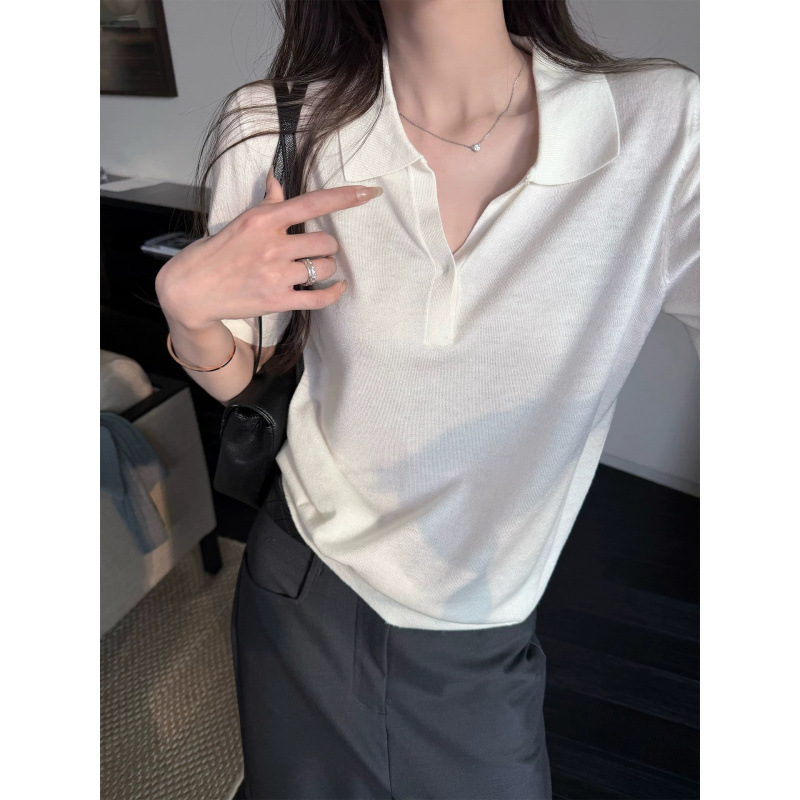 Bookish Style & 30% Wool Old Money Style Polo Collar Minimalist Fresh Temperament Knit Sweater for Women Spring and Summer