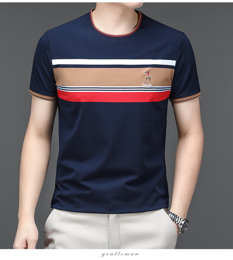 Mingdi Mouse – T-shirt à manches courtes et col rond pour homme, Polo d'affaires à rayures en pur coton, nouvelle collection été 2024_voghion.com