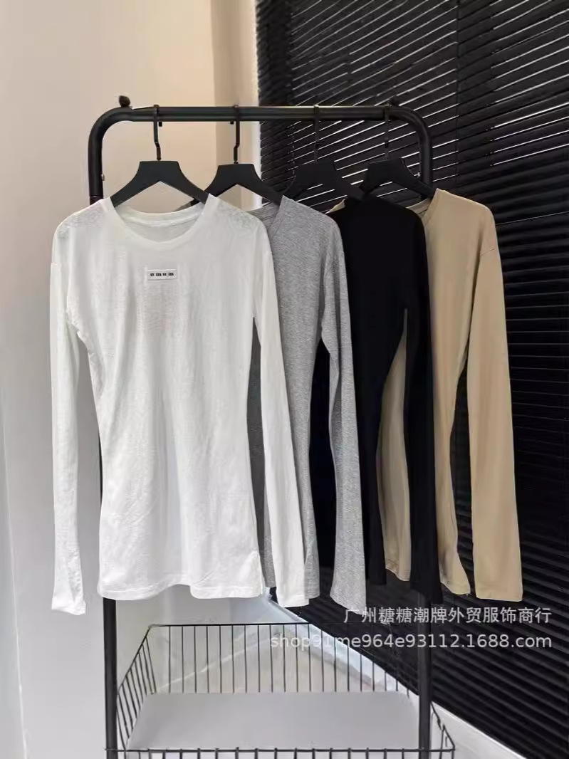 Mu Style Split White T-Shirt Crewneck Base Shirt Women's Long-sleeved Thin Sunscreen T-shirt Summer Shoulder T-shirt