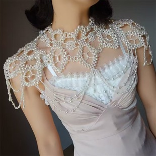European-style hand-woven heavy-industry pearl tassel shawl bride wedding dress with multi-layer jewelry vintage necklace