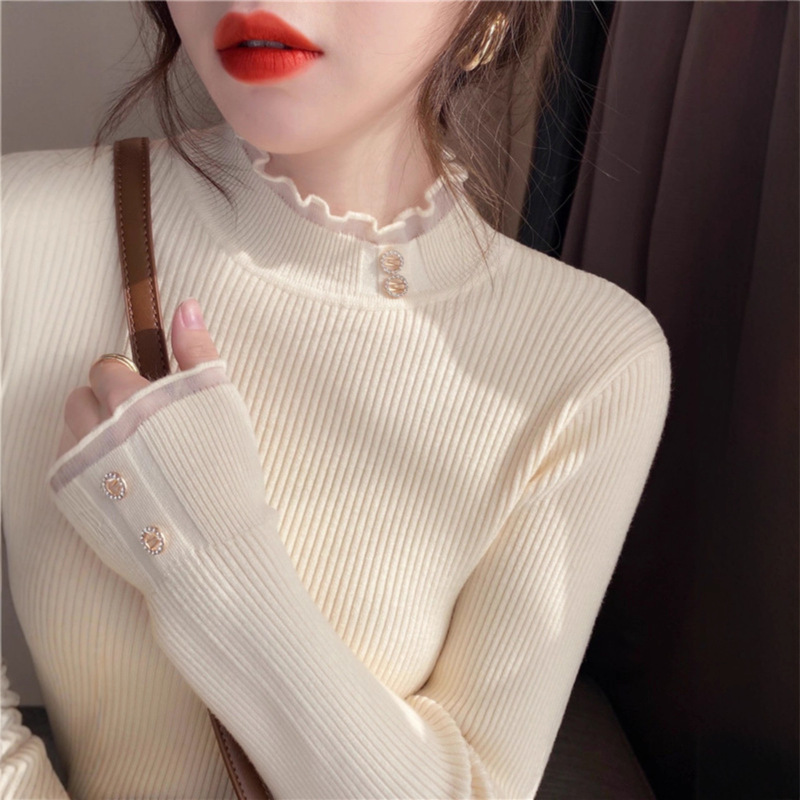 Half Turtleneck Sweater Base Shirt 2025 New Style Super Stylish Atmospheric Outfit Top Autumn and Winter Lace Knitwear