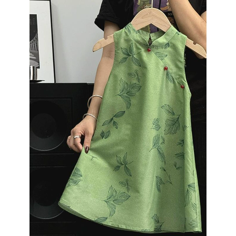 Детская одежда, Cheongsam для девочек династии Хань, лето 2025, новый стиль, детское новое зеленое платье без рукавов с принтом в стиле шинуазри