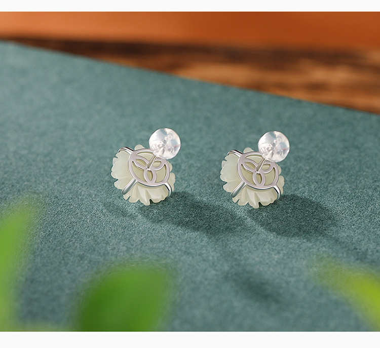 Bông tai bạc S925 mạ vàng đính ngọc bích jasper hình hoa cúc nhỏ thời trang — Kiểu màu bạc chi tiết 8