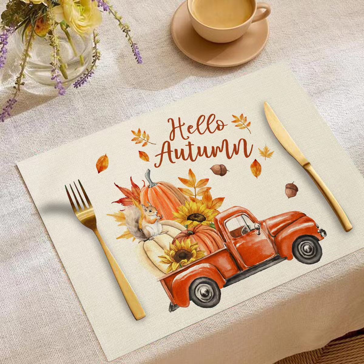 Transfronterizo temu explosión Día de Acción de Gracias otoño calabaza lino estampado conjunto lino estampado mesa de restaurante