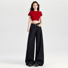 加厚加绒裤子女冬牛仔阔腿裤女秋垂感高腰显瘦牛仔裤女小个子阔腿