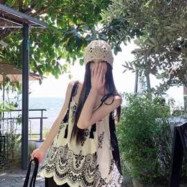 2026夏季新款夏复古撞色度假风鸳鸯拼色不规则吊带背心上衣女chic