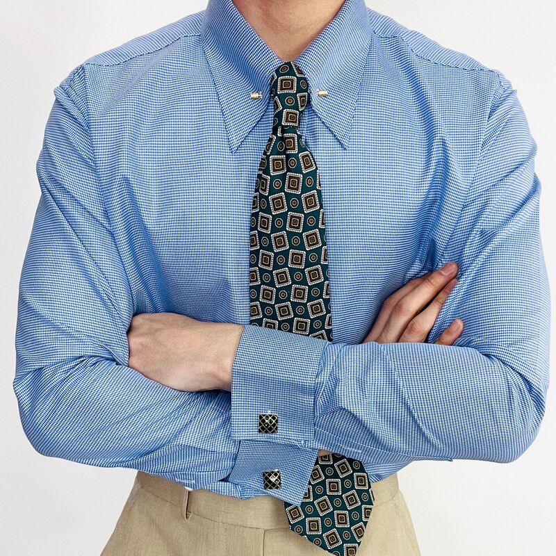 High-Quality Houndstooth Vintage Empire Collar Non-Iron Men's French Cuff Shirt with Pin Buckle Collar Long-Sleeve Top