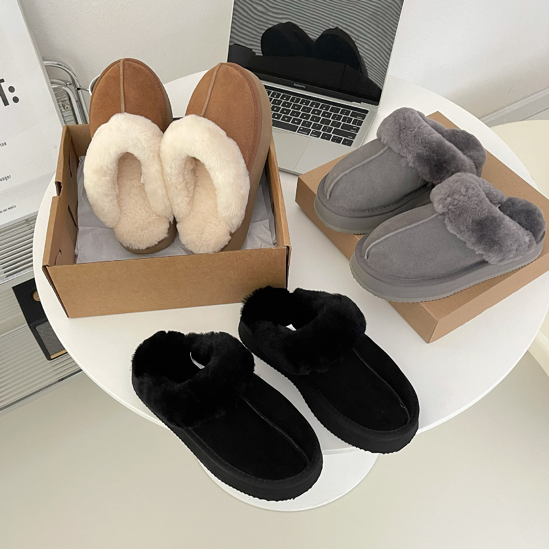 松糕厚底包头毛毛拖居家休闲时尚百搭舒适保暖羊皮毛一体女款星拖