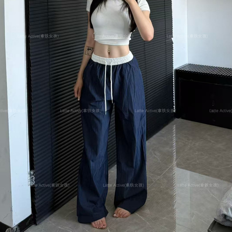 拿铁女孩健身裤女外穿宽松阔腿裤运动裤高腰小众拼接休闲裤拖地裤|undefined