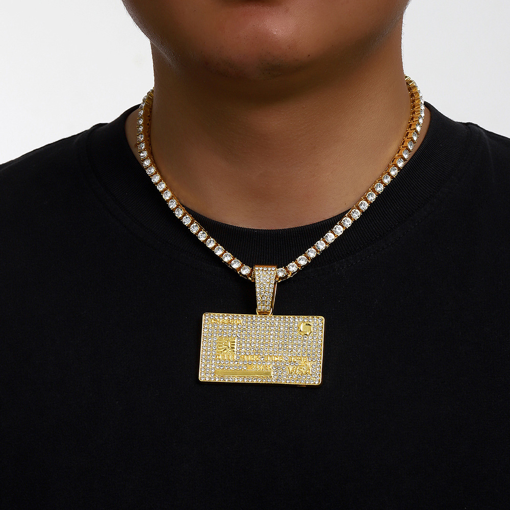 Hip Hop Cross-border europeo y americano de los hombres Hip Hop Full Diamond Aleación Cuadrado Tarjeta bancaria Escudo Cubano Collar Collar Joyas para hombres