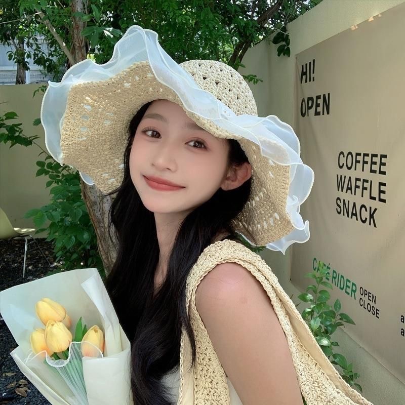 summer seaside photograph hat lace pearl sun hat beach hat sun-proof vacation big brim sun hat