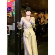 韩系蕾丝长袖针织开衫春夏拼接法式气质上衣半身裙套装两件套