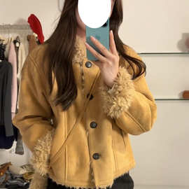 复古加绒加厚麂皮棉衣外套女冬季2025新款小个子翻领保暖短款上衣