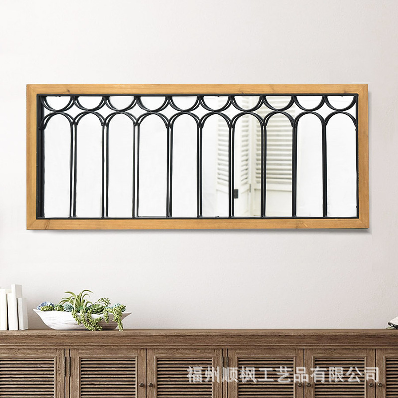 American Iron Wood Mirror Frame Decorative Mirror Home Living Room Wall Hanging Rectangular Window Decoration
