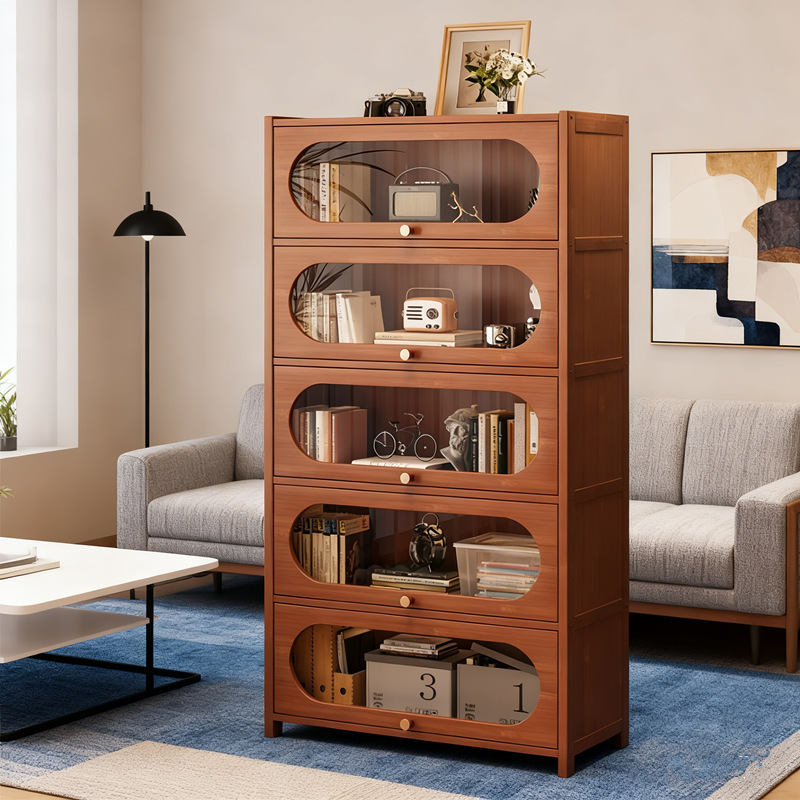 Bookshelf Rack Floor-Standing Living Room Simple Storage Cabinet Wall-Mounted Bedroom Display Cabinet with Door Storage Dust-Proof Bookcase