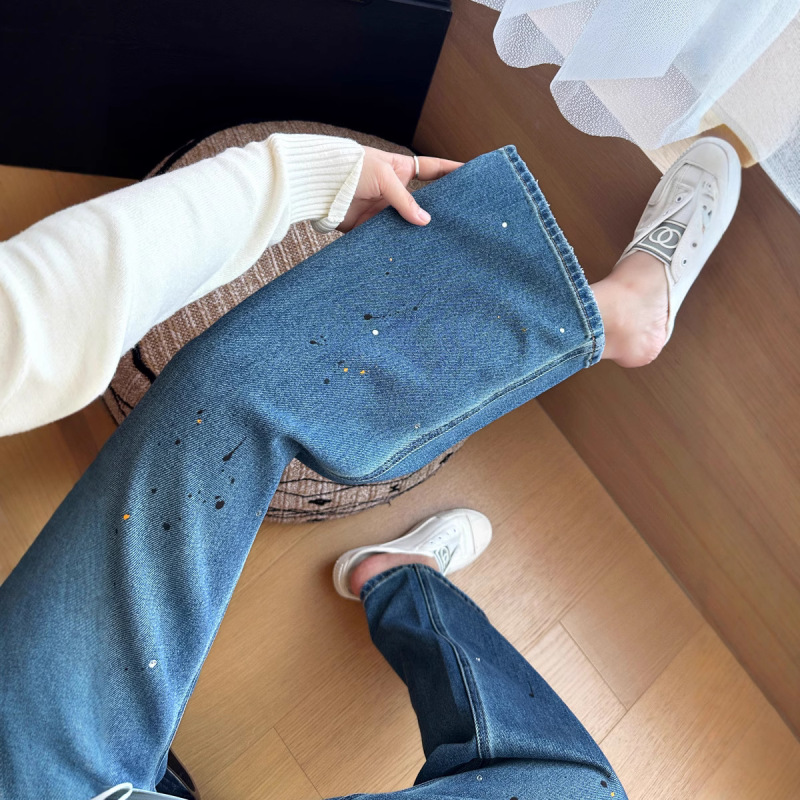 碎星泼墨烫钻！2025秋季新款重工软牛仔裤女设计感显瘦宽松阔腿裤|undefined