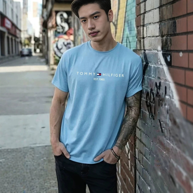 Hilfiger pure cotton short-sleeve T-shirt, loose, breathable, sweat-wicking men's T-shirt Hilfiger pure cotton short-sleeve T-shirt, loose, breathable, sweat-wicking men's T-shirt