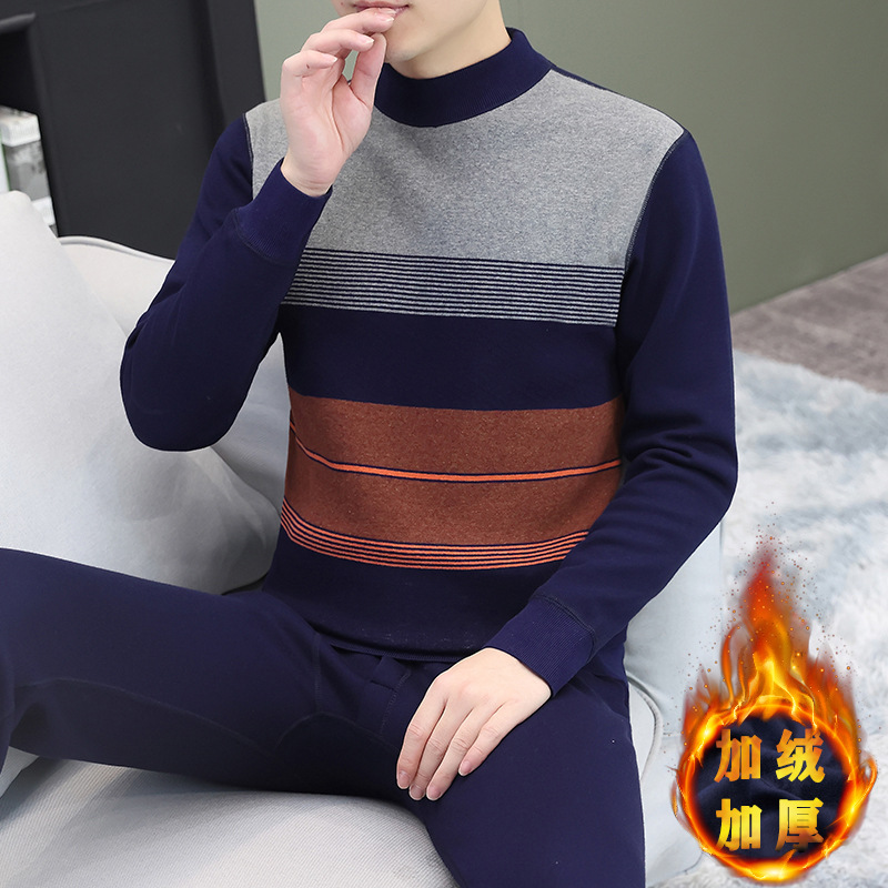 2025 New Winter Thermal Intimates Set Fleece-Lined and Thickeneded Half Turtleneck Men's High-Bottom Cold-Proof Base Pajamas