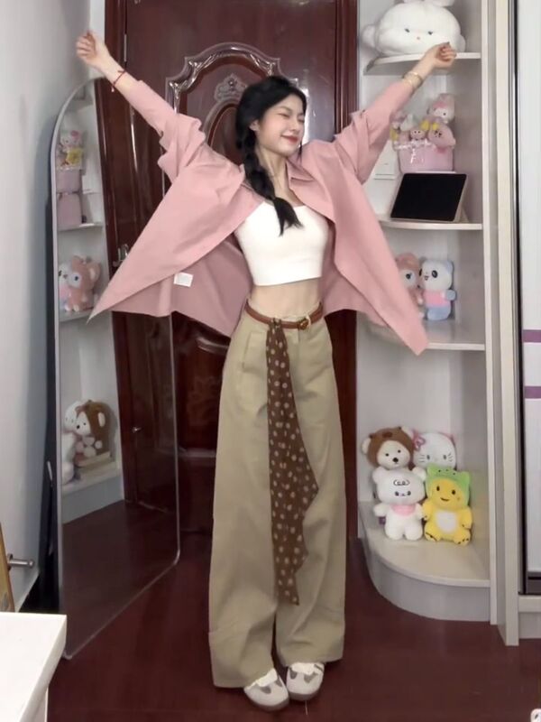 韩系粉色polo领衬衫女早秋季女装2025新款小资显气色独特别致衬衣|undefined