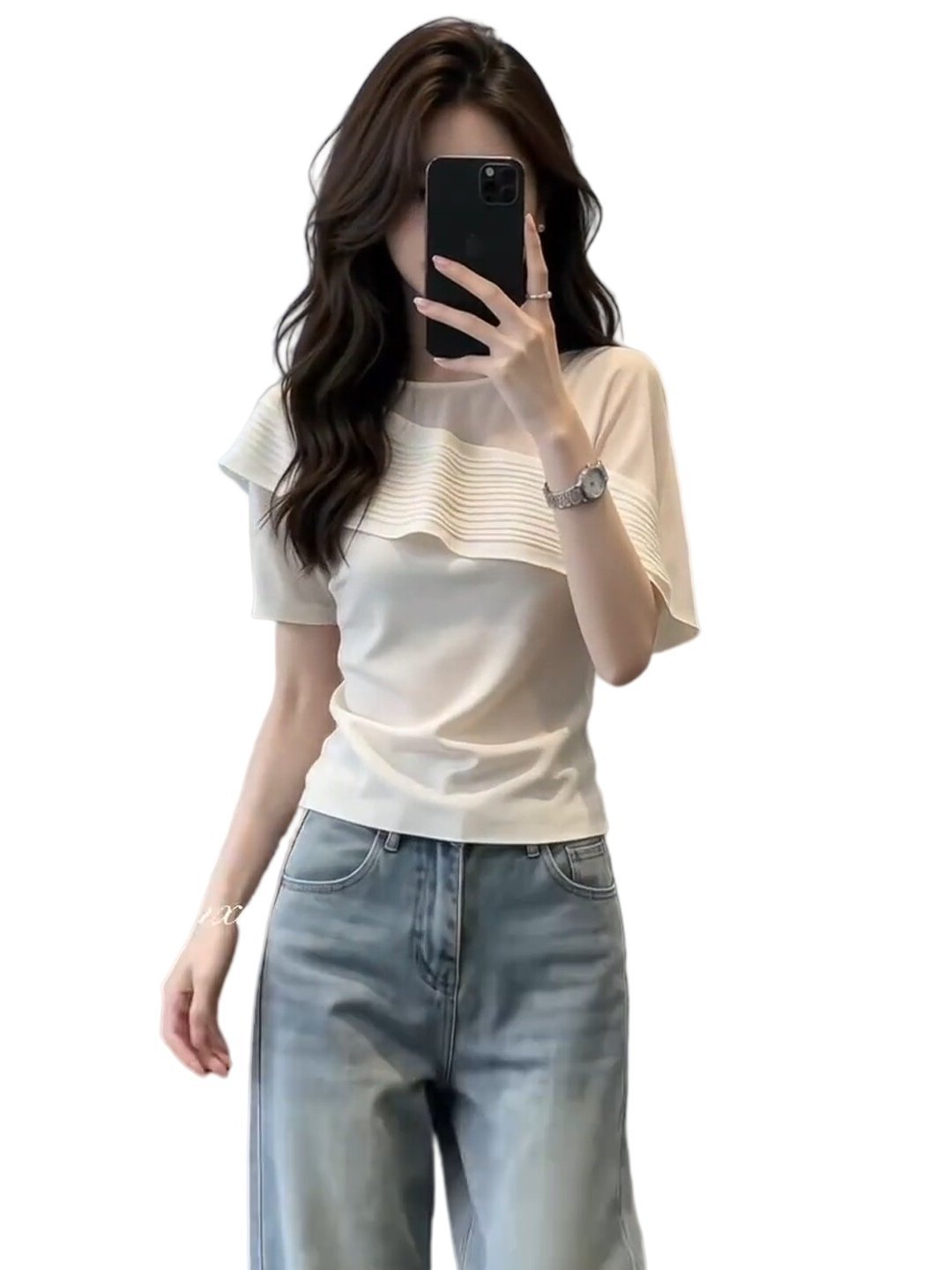 Áo thun nữ tay ngắn cổ tròn chất liệu cotton phối viền ren lá sen kiểu Pháp — màu trắng ngà
