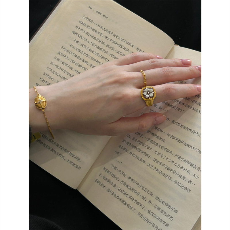中古贝雕花朵小方块戒指复古vintage金色素圈 叠戴食指戒小众设计|undefined