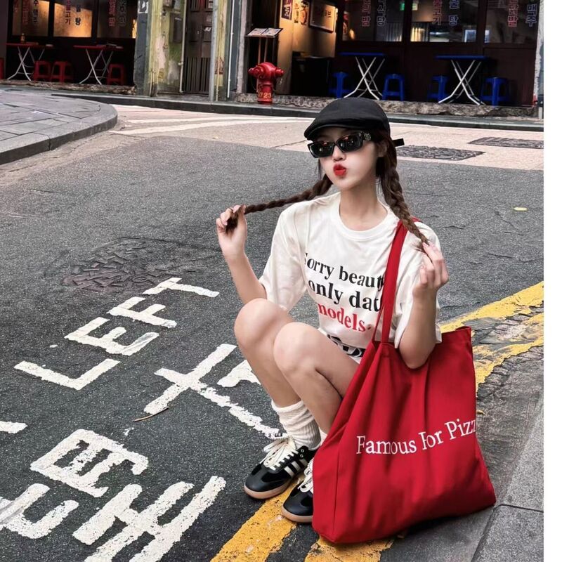 2024 Fashion New Red Letter Shoulder Tote Casual Student Niche Commuter Large Capacity Canvas Bag