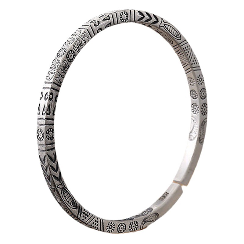 Cross-border bohemio vintage Totem pulsera plateada sólida pulsera abierta diseño nicho pulsera de estilo étnico