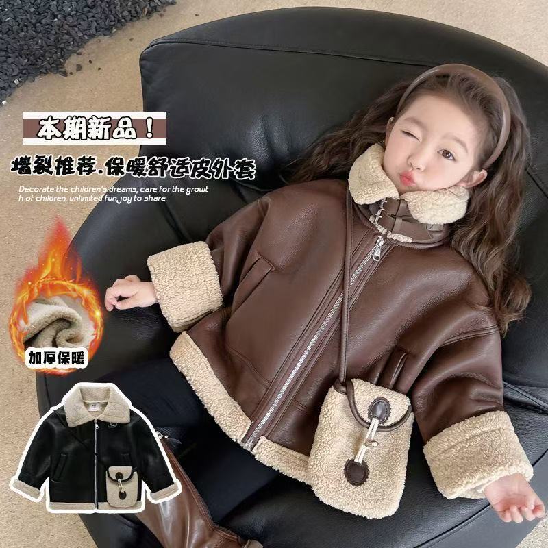 Children's Leather Jacket Autumn and Winter 2025 New Warm Baby Boy and Girl Winter Velvet Thickeneded Baby Winter Tops