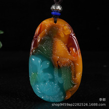 新疆戈壁金丝玉彩玉鸡血玉飘花凤凰吊坠七彩玛瑙招财玉孔雀挂件坠