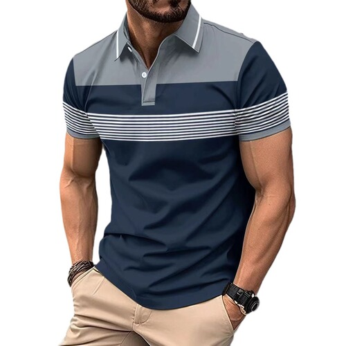 Summer men's new digital printed lapel button business all-match T-shirt