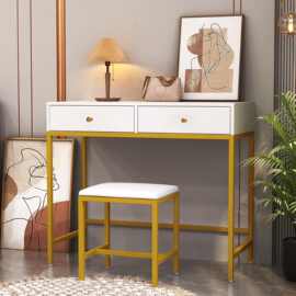 现代梳妆台大桌面 2 个抽屉用于存放物品卧室家具转角桌带软垫凳