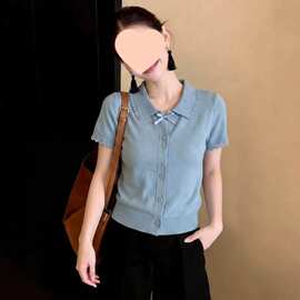 甜美撞色翻领短袖针织衫女夏季2026纽扣开衫别致小众上衣新款