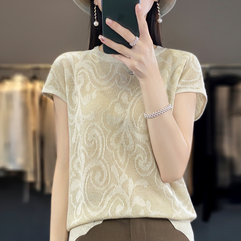 Worsted wool Western style French style hollow sweater for Women 23 summer New loose slimming lace short sleeve bottoming shirt Worsted wool Western style French style hollow sweater for Women 23 summer New loose slimming lace short sleeve bottoming shirt
