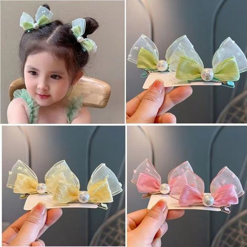 Korean small and fresh children's hairpin mesh bow pearl hairpin side clip cute baby hair-free headwear
