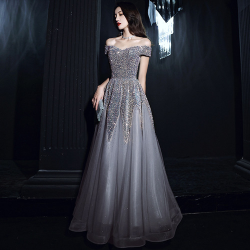 Silver pink sequins evening dress female temperament party socialite sequins word shoulder long dress is the annual meeting of the host singers color piano dress