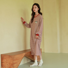 纯棉睡裙女长袖秋冬条纹长款高级感大码可外穿春秋季带胸垫睡衣裙