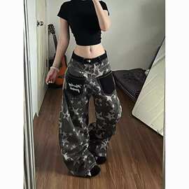跨境批发星星迷彩印花牛仔裤女口袋刺绣撞色百搭设计感阔腿长裤子
