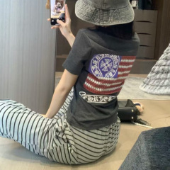 25sschクロウニー夏用薄手微透けグレー背面プリントVネック半袖Tシャツ欧米ストリートスタイル